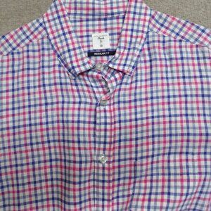 Mudo Shirt Medium Blue White Fuschia Plaid Check 100% Linen